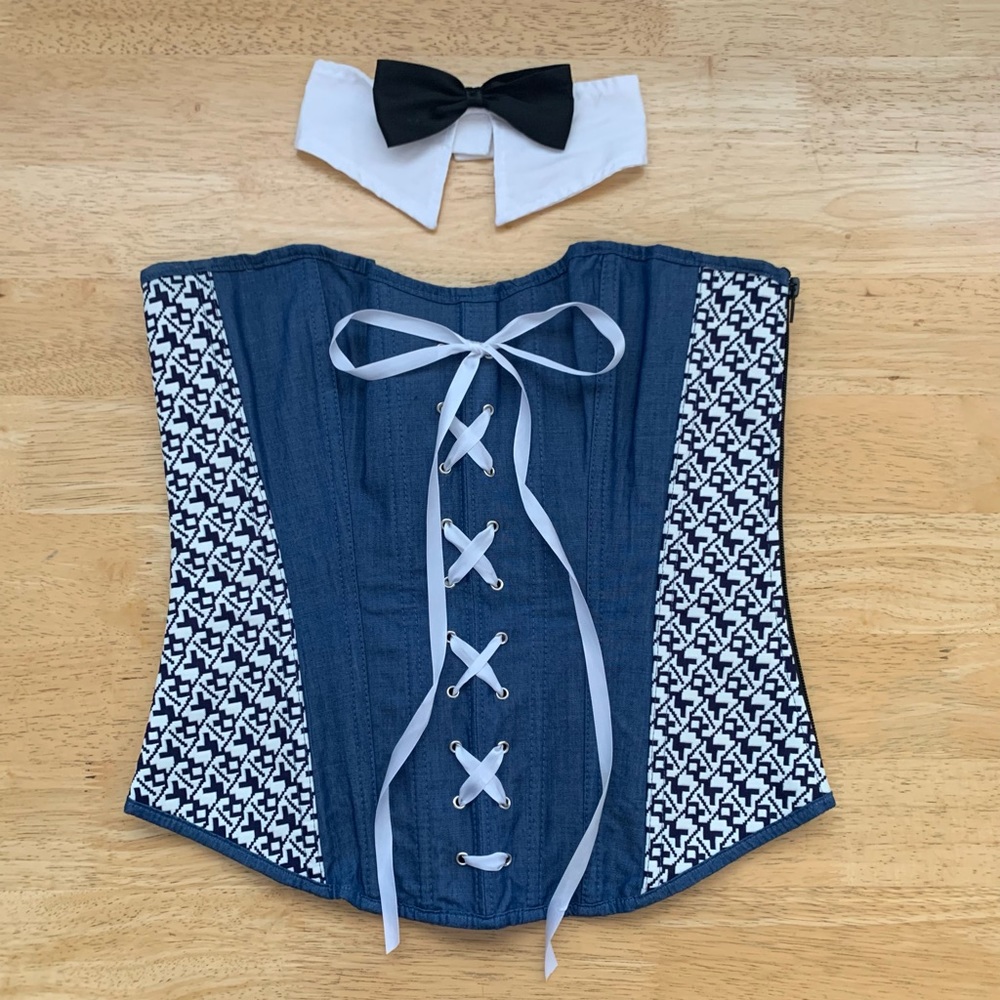 RARE Corset Story Blue Ribboned Corset with Bow Tie Collar | Size 8/M